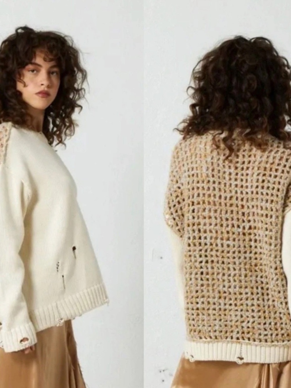 NSF Jacobs Sweater Medium Alpaca Cotton Crochet Back Distressed Knit Boho